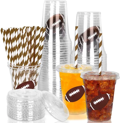Whaline 50 vasos de plástico desechables de fútbol con tapas y pajitas de 12 onzas para fiestas temáticas deportivas, vasos para bebidas frías para