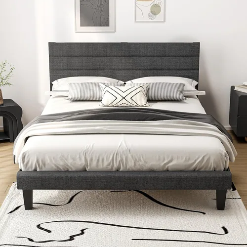 Miniatura 22 de VINGLI Base de cama individual para niños, cama de plataforma tapizada Boucle con cabecera ajustable, soporte de listones de madera resistente, cama