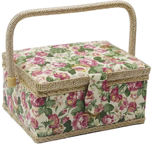 Cesta de costura mediana con accesorios, caja organizadora de costura de madera para suministros de costura y almacenamiento de herramientas de
