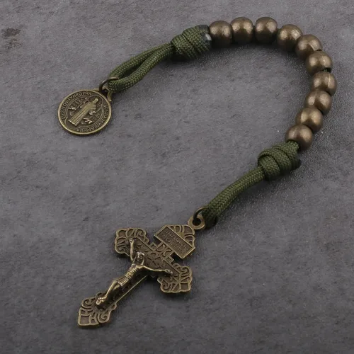 Miniatura 41 de Rosario de bolsillo estilo abierto una década de acero inoxidable rosario católico con crucifijo medalla de San Benito con bolsa de regalo