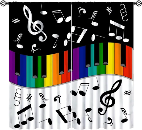 Cortinas de música coloridas, notas musicales abstractas, diseño de arco iris, 2 paneles con bolsillo para barra, cortina para habitación de niñas,