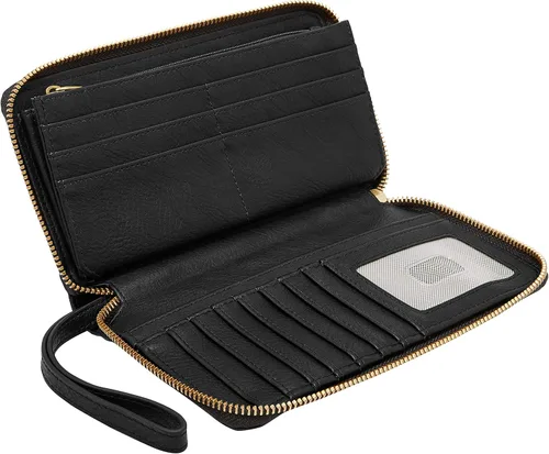 Miniatura 3 de Fossil Liza - Cartera de cuero con cremallera alrededor para mujer con correa retráctil para la muñeca, Negro