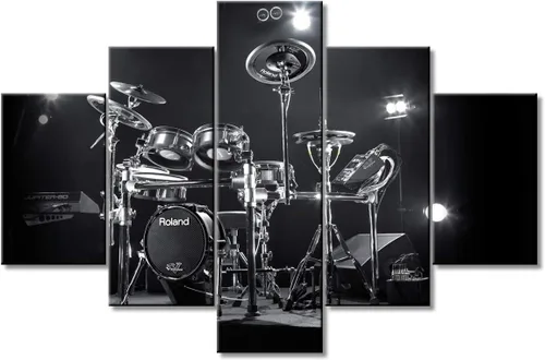 Miniatura 46 de Arte de pared en blanco y negro, kit de batería de jazz morado sobre fondo negro, pinturas de 5 paneles, lienzo, arte de pared para decoración