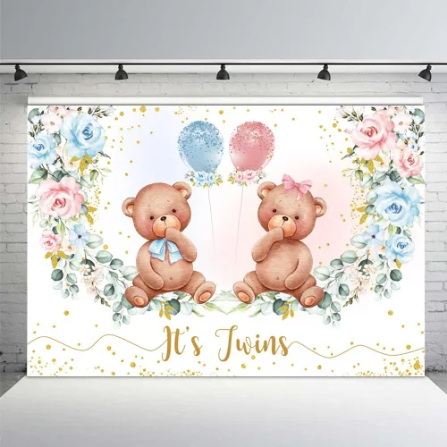 Miniatura 11 de MEHOFOND Telón de fondo de fiesta de baby shower de oso de 10 x 7 pies, fondo azul floral para fotografía, puntos dorados con purpurina dorada, Rosa