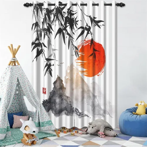 Miniatura 176 de Cortinas japonesas con pintura de tinta, monte Fuji, sol rojo, puesta de sol, hojas de bambú, cortinas de ventana para dormitorio, sala de estar