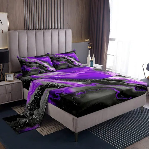 Miniatura 19 de Juego de sábanas de mármol colorido para niñas, niños y mujeres, color morado, azul, rosa, remolino, mármol, sábana bajera ajustable psicodélico
