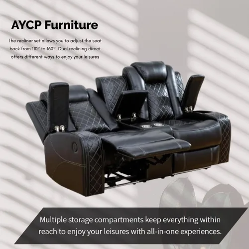 Miniatura 3 de Juego de sillón reclinable eléctrico con luces LED, juego reclinable de cuero Air con puerto USB/cargador inalámbrico/consola de Negro