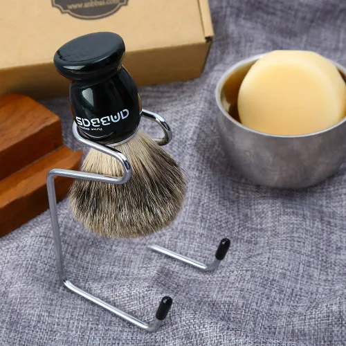 Miniatura 7 de Kit de afeitado Anbbas con brocha de cerdas de tejón puro, mango de madera negra y barra de jabón recargable de 100g, soporte de afeitado de acero