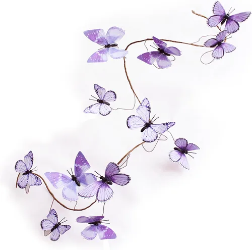 Miniatura 24 de Guirnalda de mariposa artificial, enredaderas decorativas de mariposa falsas, decoración colgante de mariposa única en 3D para pared del hogar, Azul
