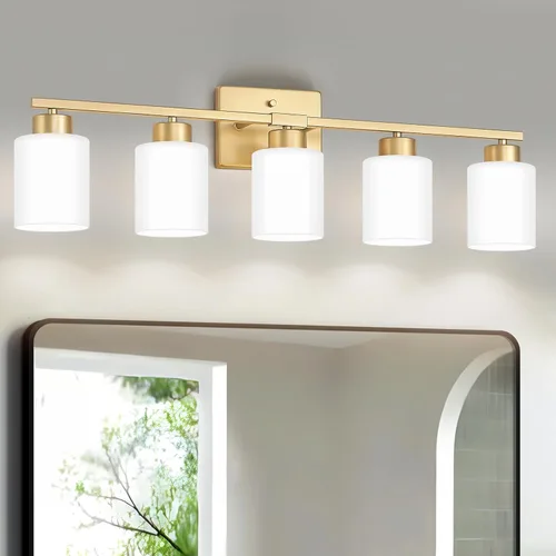 Miniatura 14 de FonmYim Lámpara de baño negra, lámpara de tocador moderna de 3 luces sobre espejo, apliques de pared con pantallas de vidrio esmerilado blanco