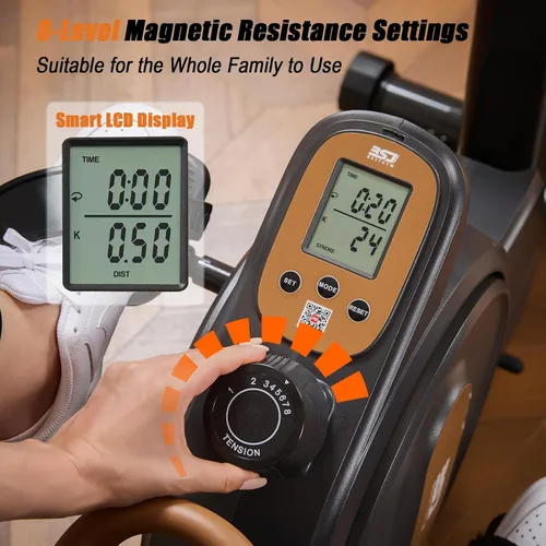 Miniatura 7 de Máquina de remo, remo 3 en 1 con altura ajustable de 6 niveles y resistencia de 8 niveles, sistema de riel deslizante doble, soporta hasta 350
