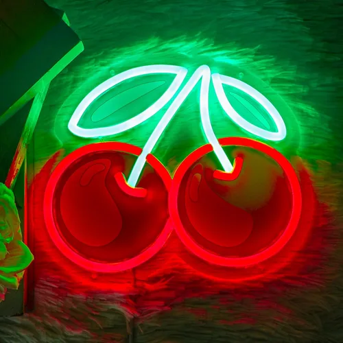 Letrero de neón de cereza, linda luz de neón LED de cereza para decoración de pared, luces de frutas con temporizador y atenuables hechas a mano,