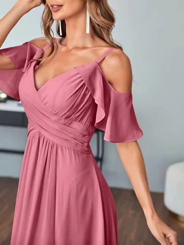 Miniatura 4 de V-Neck Bridesmaid Dresses with Pockets A-Line Long Chiffon Formal Party Dresses with Slit HY016