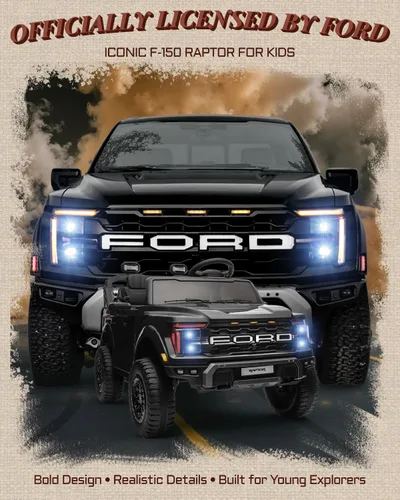 Miniatura 2 de First Ride On Juguetes de paseo de 24V para niños grandes, Ford F-150 Raptor con licencia de 2 asientos, auto de paseo para niños con control Negro