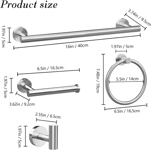 Miniatura 6 de Hardware de baño redondo de níquel cepillado: juego de 8 piezas de accesorios de baño de acero inoxidable - Incluye toallero de pared, soporte