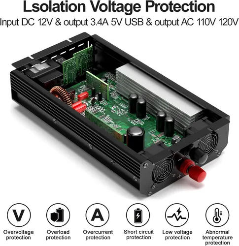 Miniatura 4 de Inversor de corriente de 2300 W, de 12 V CC a CA 110 V/120 V de potencia máxima de 4600 W con 2 tomas de CA y 2 puertos USB 2.4, pantalla LCD.