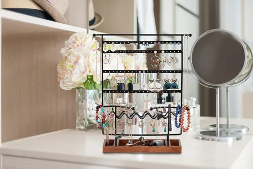 Miniatura 6 de Soporte organizador de aretes organizador de aretes con bandeja de madera soporte de joyería para collares aretes pulseras relojes y anillos soporte