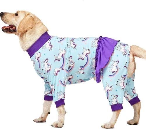 Miniatura 13 de LovinPet Pijamas grandes para perros - Camisa de unicornio para perro, mono de recuperación posoperatoria, impresión de sirenas y unicornios Rosa