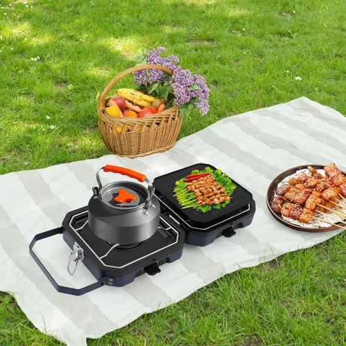 Miniatura 3 de Estufa plegable de propano de 2 quemadores, estufa portátil de doble quemador con sartén para cocinar al aire libre, portón trasero, picnic