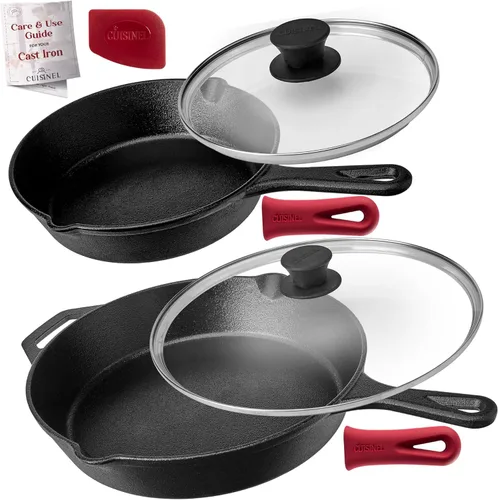 Cuisinel Juego de sartenes de hierro fundido, sartén de 8 pulgadas + 12 pulgadas + tapas de vidrio, utensilios de cocina pre-sazonados, soportes