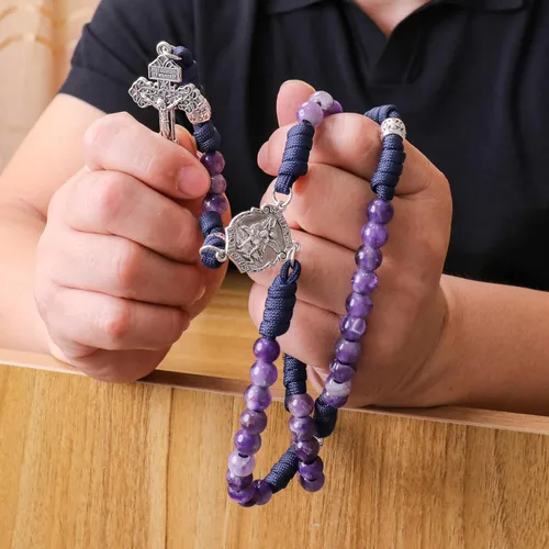 Miniatura 13 de Nazareth Store Rosario de cuerda de paracaídas de San Miguel, collar de rosario resistente y rosario de una década, cuentas de piedra natural