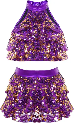 Conjunto de camiseta corta metálica de lentejuelas con falda para niñas y niñas, trajes de baile latino de jazz, 2 piezas, disfraz de baile