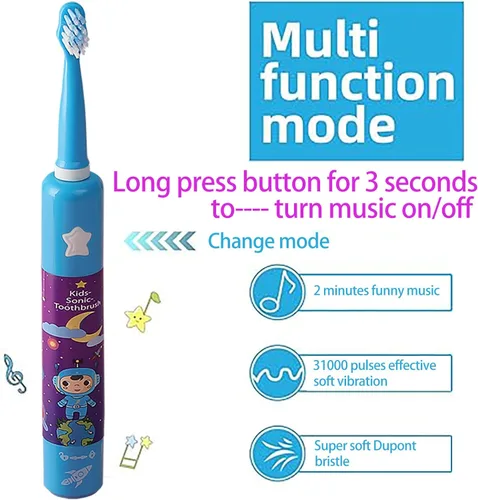 Miniatura 3 de OJV 8620 Cepillos de dientes eléctricos musicales para niños, 3 modos de temporizador de 2 minutos, 6 cerdas recargables de energía inteligente, Azul