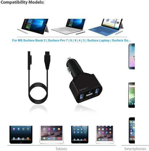 Miniatura 2 de BatPower CCS 110W Surface Laptop Cargador de coche compatible con Microsoft Surface Book Laptop 4 3 2 1 Surface Pro 8 X 7 6 5 4 3 Go Tablet Car