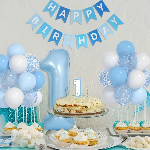Miniatura 2 de Globos azul bebé y blancos y globo número 1 de 40 pulgadas, decoraciones de primer cumpleaños para niño con globos de confeti azul y blanco