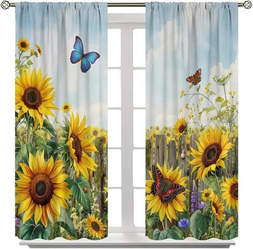 Miniatura 2 de Sunflower Curtains for Living Room Bedroom, Spring Nature Blue Sky and Butterfly Window Drapes, Rustic Wooden Fence Floral Botanical Decor, 2 Panels