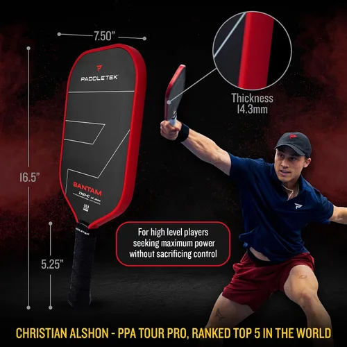 Miniatura 3 de Paddletek Bantam TKO-C - Paletas de pickleball de 0.563 in con núcleo de panal de polímero - Fibra de carbono unidireccional - Peso torsional y Fire