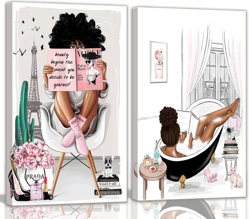 2 piezas enmarcadas de arte de pared afroamericano moderno París rosa blanco afro negro niñas mujeres lienzo decoración pared cuadros cuadros