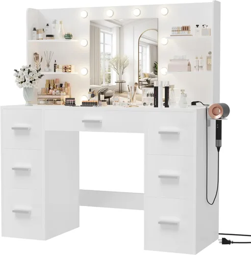 Furmax - Escritorio de tocador con espejo, luces LED y toma de corriente, mesa de maquillaje con 7 cajones y 6 estantes de almacenamiento, mesa de