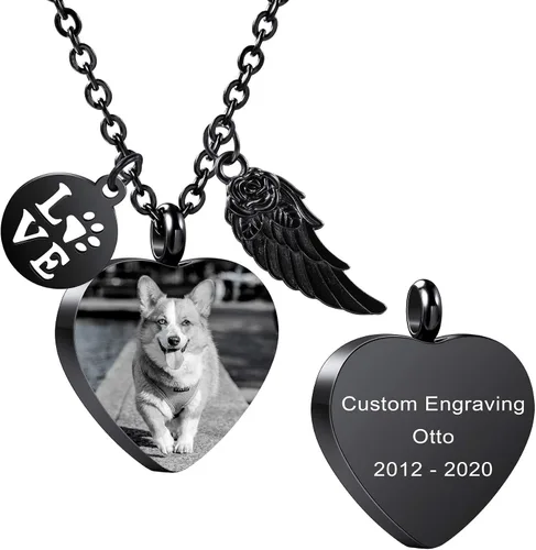 Miniatura 21 de MeMeDIY Collar personalizado con dije de urna de cenizas con estampado de pata de corazón, nombre personalizado, foto, fecha para mujeres, hombres