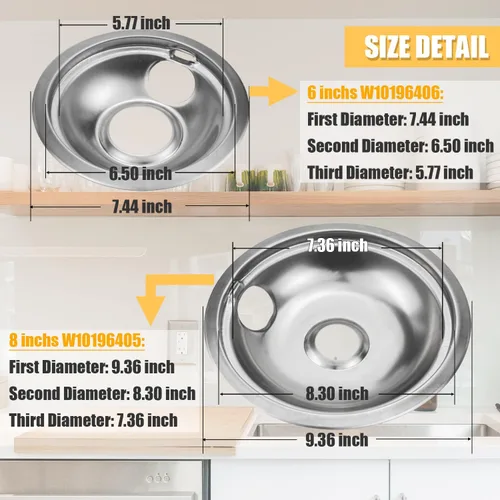 Miniatura 2 de Juego de 4 cuencos reflectantes cromados universales para estufas de gas, anillos para quemadores compatibles con Whirlpool W10278125 W10196405