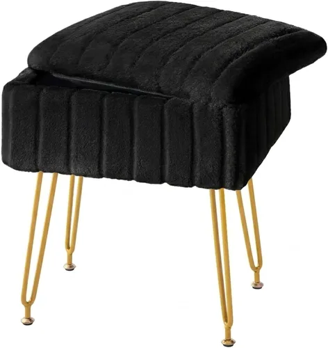 FUXA Taburete de tocador con almacenamiento, silla de maquillaje de piel sintética con 4 patas de metal y pies antideslizantes, asiento acolchado