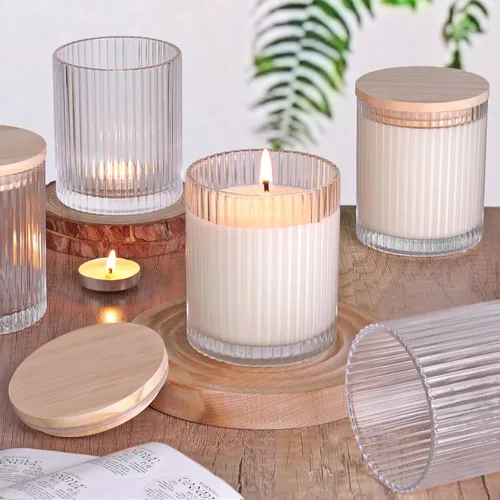 sunnyfuture Juego de 8 tarros de vela transparentes de 10 onzas para hacer velas, tarros de vela de vidrio acanalado con tapas de madera y