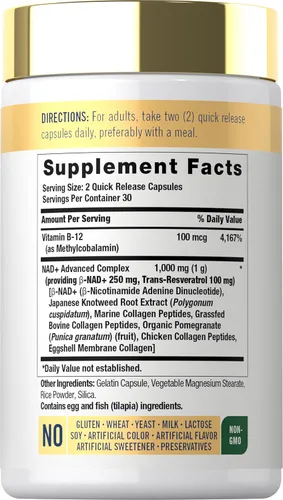 Miniatura 2 de Carlyle Suplemento NAD+ para mujeres y hombres 1000 mg 60 cápsulas Complejo avanzado con resveratrol y colágeno Sin OMG y sin gluten