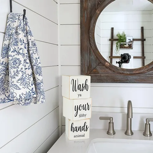 Miniatura 3 de Divertidos accesorios y decoración de baño de granja para estante, bloques de madera de 4 lados - Letreros de "Nice Butt" y "Get Naked" y "Hello
