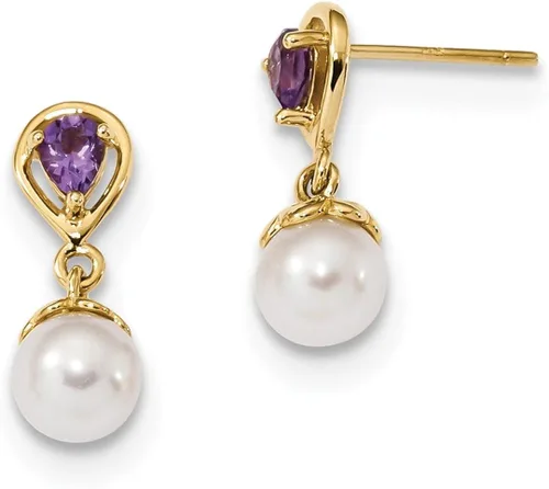 Miniatura 6 de Aretes colgantes de oro amarillo de 14 quilates de 0.276in, color blanco, perla cultivada en agua dulce, color morado, amatista, piedra natal