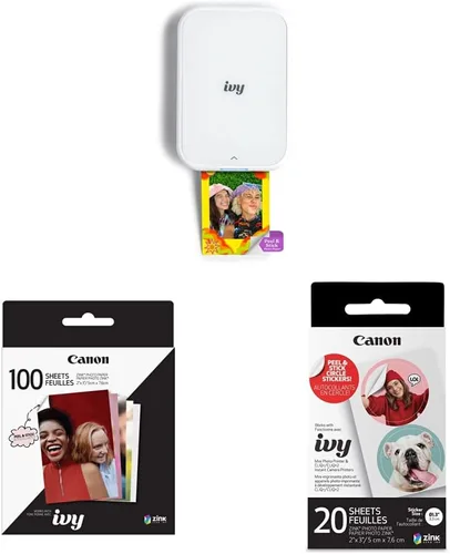Canon Ivy 2 Mini impresora fotográfica, color blanco puro y paquete de papel fotográfico Zink™ con parte trasera adhesiva (100 hojas) y papel