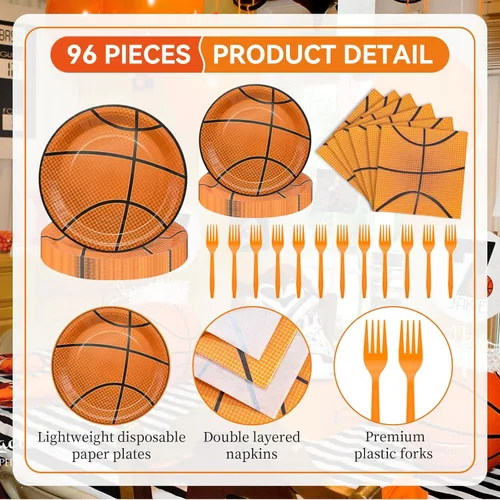 Miniatura 3 de Conjunto de Vajilla Temática de Baloncesto de 96 Piezas - Vajilla Desechable para Fans de Deportes con Platos de Papel, Servilletas, Tenedores