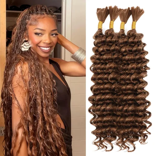 Miniatura 49 de Mezcla de cabello humano trenzado sintético bohemio para trenzar, 16 pulgadas de onda profunda a granel para trenzas bohemias, 2 piezas de cabello 1b