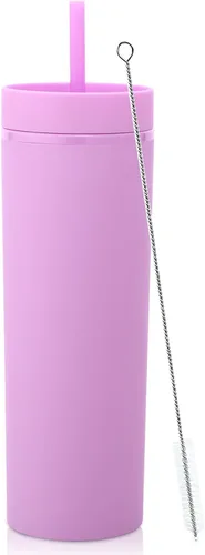 Miniatura 30 de Volhoply Paquete a granel de 4 vasos delgados de plástico de 20 onzas, vaso de doble pared con tapa y popote, taza reutilizable de viaje para café