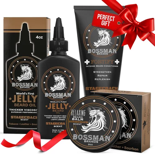 Bossman Essentials Kit de barba para hombres, juego de 3, gelatina de aceite para barba, crema acondicionadora fortificante, bálsamo para barba,