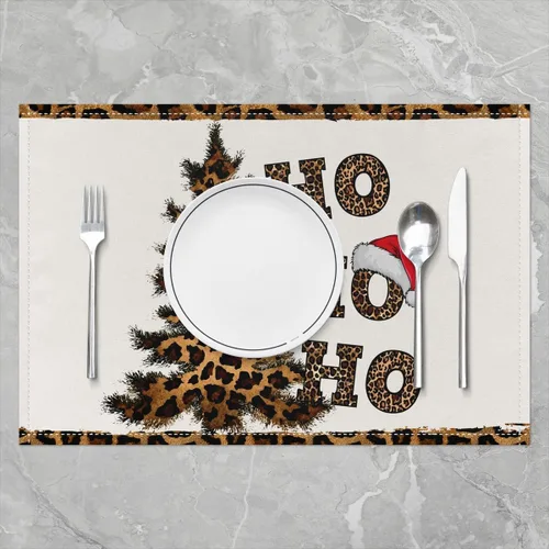 Miniatura 2 de Juego de 4 manteles individuales con estampado de leopardo, sombrero de árbol de Navidad, color blanco y negro, manteles individuales para niños