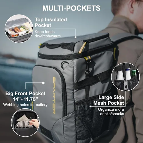 Miniatura 4 de SPARTER - Mochila enfriadora aislada a prueba de fugas para 33/49 latas, bolsa térmica con 2 compartimentos aislados, mochila de playa, viaje, Gris