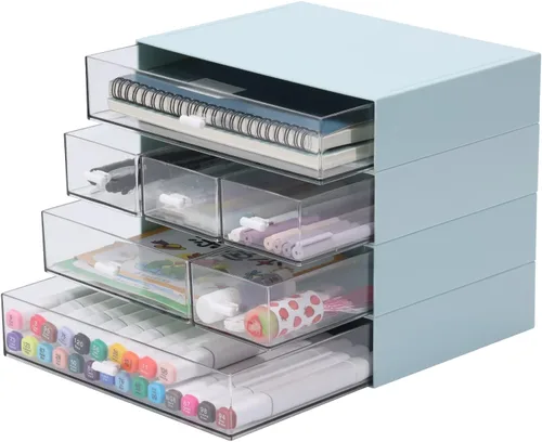 Organizador de escritorio para manualidades y almacenamiento con 7 cajones planos, accesorios de escritorio de plástico apilables y organizador de