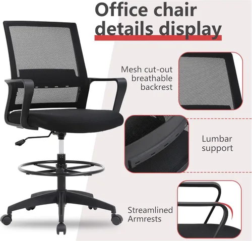 Miniatura 6 de BestOffice Silla de dibujo alta silla de oficina ajustable giratoria de malla con soporte lumbar, brazos reposapiés, respaldo medio para adultos