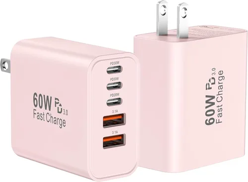 Miniatura 16 de Bloque de cargador de pared rápido USB C, paquete de 2 cubos de carga USBC de 60 W, adaptador de corriente PD+QC de 5 puertos ladrillo multipuerto